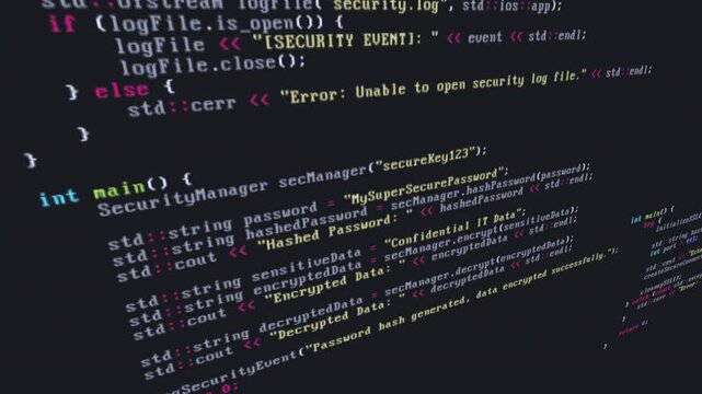 C++ source code animation scene opener or background with data security, protection, encrpytion and analyzing code snippets with glitch and distortion effects, concepts, ideas, 4k 