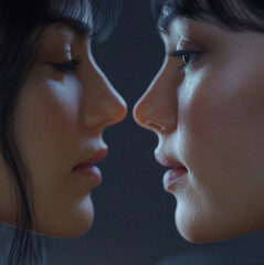 Obraz premium close up two adult female twins side view looking at each other cinematic lifghting .