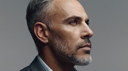 Obraz premium Face, profile and vision with man on studio gray background with space for future or planning. Ideas, mockup and thinking with serious business person for contemplation or problem solving for job