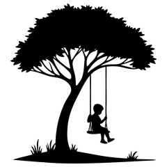 Kid Play Swing Under Tree Silhouette.