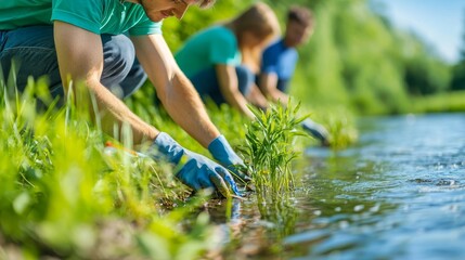 Eco-Friendly Community Cleanup Along Serene Riverbank with Pastel Greenery and Calm Blue Water Background