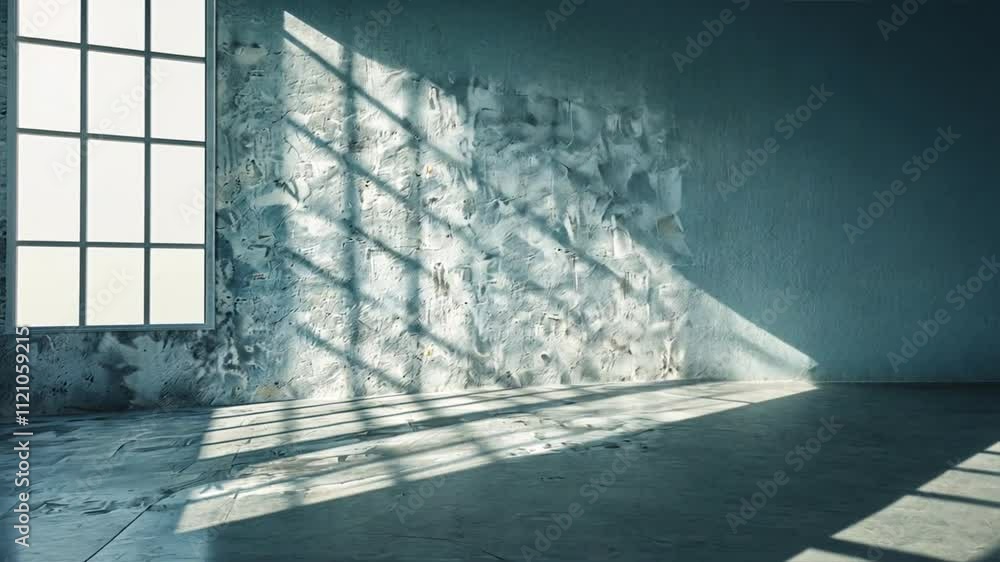 Poster spacious room with large window casting shadows on textured wall, creating serene atmosphere with in