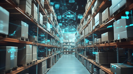 A modern warehouse filled with boxes and digital overlays for inventory management.