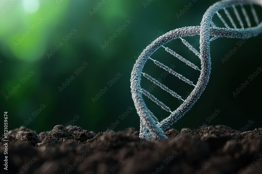 Poster a detailed representation of a dna double helix structure emerging from dark soil, symbolizing the c