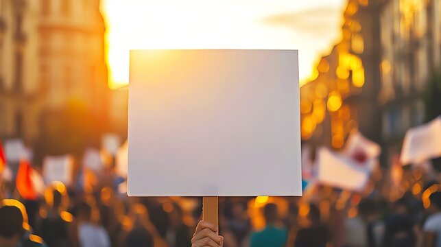 Protester holding blank sign at sunset rally.