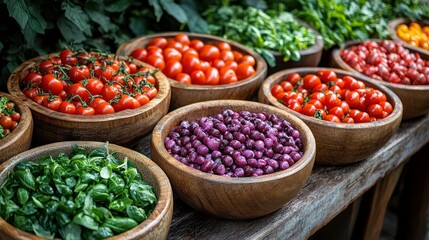 Fototapeta premium Fresh Organic Vegetables in Wooden Bowls Displayed on Rustic Table Surrounded by Lush Greenery in a Vibrant Farm Setting