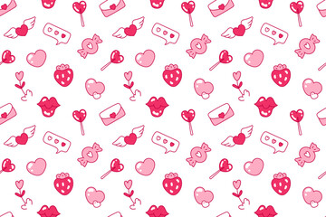 Cute heart seamless pattern. Lovely romantic background, great for mother's day, textile, wallpaper, banners, wrapping for birthday. Pattern with different Valentine's Day symbols. Vector illustration