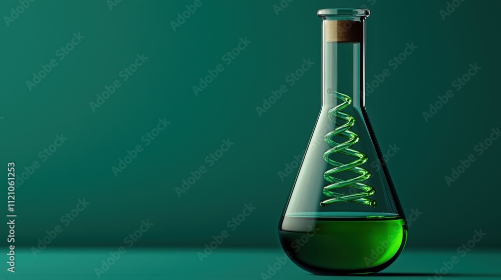 Poster a green liquid in a laboratory flask features a swirling pattern, set against a dark green backgroun