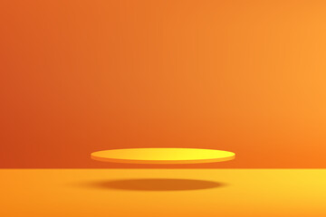 3D yellow cylindrical podium background floating on air with orange wall scene. Minimalist 3D mockup pedestal. Abstract stand product display presentation, Stage for showcase. Vector platforms design.