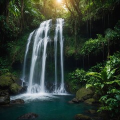 Obraz premium A hidden waterfall in a tropical jungle with lush greenery.