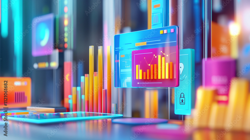 Poster vibrant workspace with modern displaying colorful graphs and charts for digital marketplace, finance