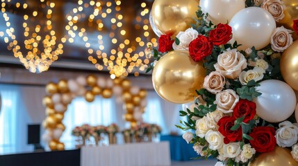 Elegant Soiree: Champagne-Colored Balloons and Lush Floral Decor for Luxurious Party Ambiance