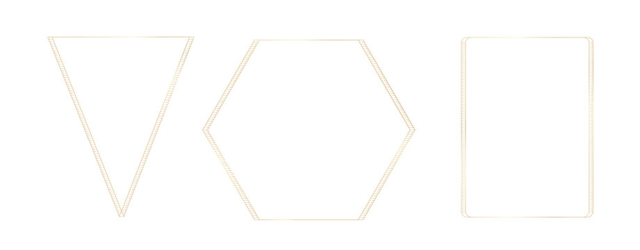 Collection of thin linear gold luxury frames. Rectangle, hexagon, triangle elegant border with decorative elements for wedding invitation, grand opening, greeting card, certificate, posters. Vector - Powered by Adobe