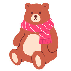 Cute bear wearing the pink scarf hand drawn doodle illustration
