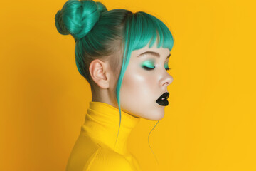 Naklejka premium Fashion portrait featuring young woman with bright turquoise hair dramatic makeup and solid yellow background, exuding modern style and confidence