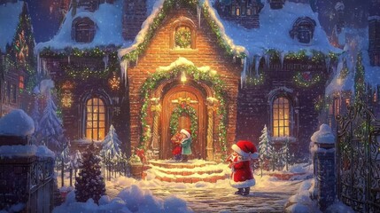 Obraz premium Children Delivering Christmas Gifts To A Snow Covered House