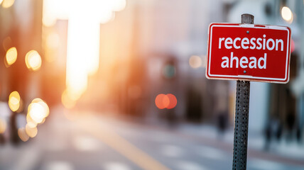 Recession ahead warning sign on deserted street during sunset