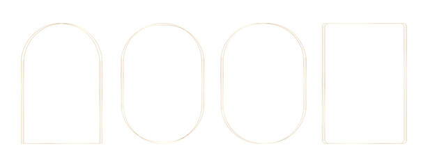 Collection of thin linear gold luxury frames. Rectangle, arch, oval elegant border with decorative elements for certificate, wedding invitation, greeting card, poster. Vector illustration