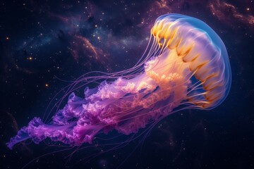 Naklejka premium One vibrant bioluminescent jellyfish gliding through deep sea, showcasing its luminous and colorful tentacles, jellyfish creating mesmerizing and ethereal underwater spectacle