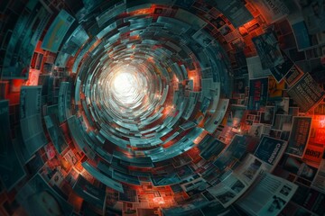 Tunnel made of twisted newspapers headlines creating swirling effect of information media noise and variety of different information, information filtering concept