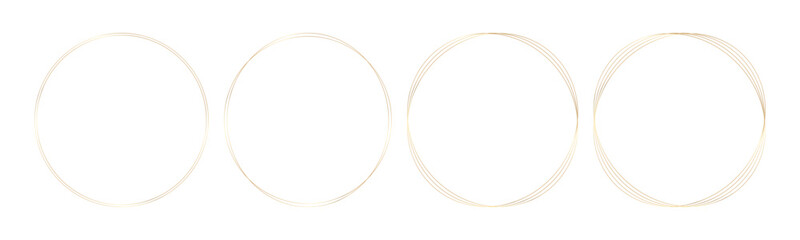 Minimalist shining linear round gold frames. Thin circle shape with double stroke. Simple line art for modern designs. Vector illustration.