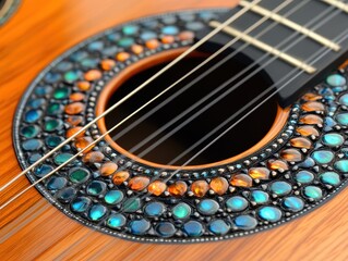 Obraz premium Captivating Closeup of a Classical Guitar Rosette Music Studio Photography Intimate Setting Macro View Artistic Detail