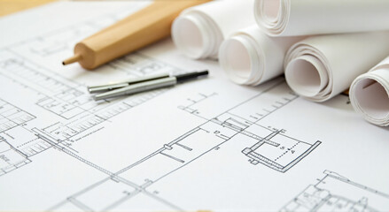 rolls of architectural drawings and tools