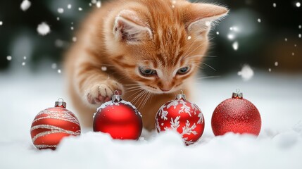 Obraz premium Cute Kitten Playing with Christmas Ornaments Snowy Landscape Animal Photography Winter Wonderland Playful Perspective Holiday Spirit