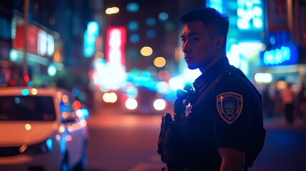 Police officer standing on city street at night with colorful lights in background