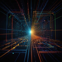A labyrinth of glowing lines and nodes, resembling a neural network or digital pathways, set against a dark, infinite void.