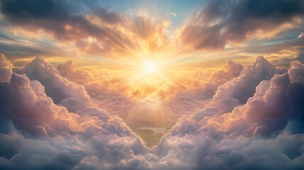 Radiant beams of heavenly light breaking through soft clouds, warm golden tones illuminating a serene landscape below, peaceful atmosphere, focus on the light rays and soft gradients in the sky