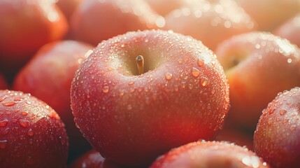 Closeup of Fresh Red Apples with Water Droplets Market Stall Food Photography Natural Light Detailed View for SEO Impact