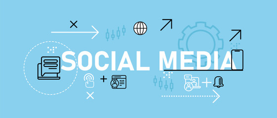 Social media conceptual outline icons internet media technology information network connection symbol design header background