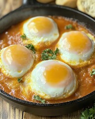Savoring ShakshukaCooking Poached Eggs in Spiced Tomato Sauce Kitchen Recipe Cozy Home Culinary Delight