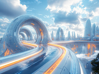 a futuristic, sci-fi landscape with a winding, glowing road surrounded by towering, illuminated skyscrapers. The scene is bathed in a vibrant, otherworldly light