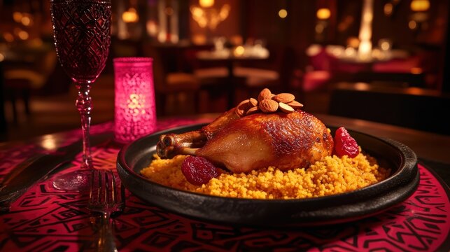 Savoring Couscous DelightA Culinary Journey Moroccan Restaurant Food Dish Exotic Setting Close-Up View Flavors of North Africa