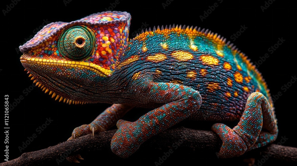 Poster A stunning close-up highlights the vibrant colors of the chameleon Furcifer as it rests on a branch, displaying intricate textures and patterns against a contrasting dark backdrop