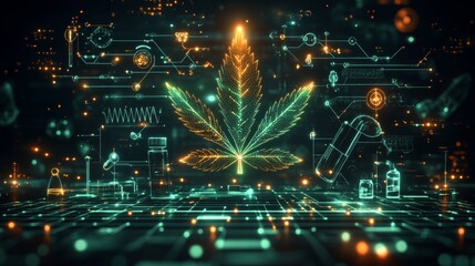 Fototapeta premium Futuristic cannabis leaf with digital graphics