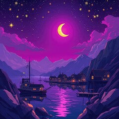 Harbor background at night under purple sky