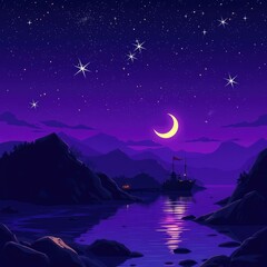 Harbor background at night under purple sky