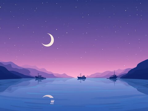 Harbor background at night under purple sky