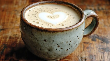 A cozy cup of coffee with a heart-shaped foam design on a wooden table.