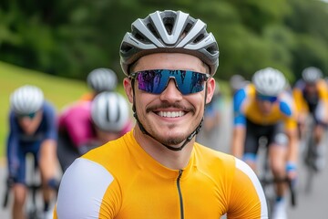 Cyclist reaching the end of challenging race, exhausted but smiling, Milestone, Physical journey, race success