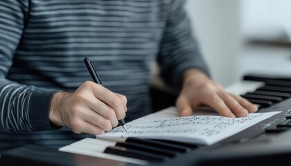 Fototapeta premium Composer concentrating at piano, writing down musical notes, Focus, Determination, creative milestone
