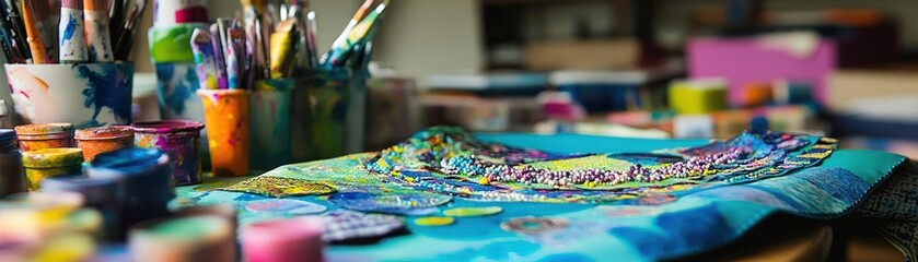 Obraz premium A vibrant art studio filled with colorful paints and creative tools for artistic expression.