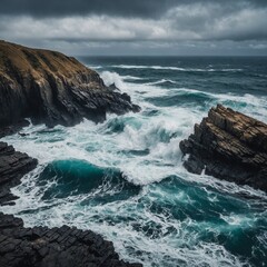 A dramatic ocean cliff with waves crashing against jagged rocks.

