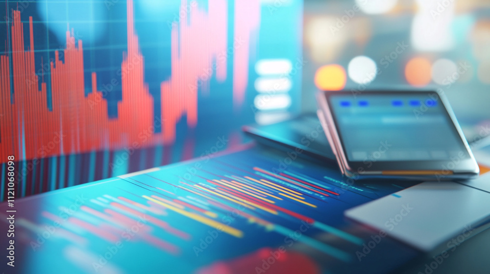 Poster smart power grid interface highlighting data analysis and market trends and using cards, calculator 