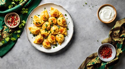 Lamb-Stuffed Shivit Tandyr Manty with Dill and Yogurt Sauce (Turkmenistan Cuisine)