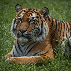 Fototapeta premium A close-up of a Bengal tiger lounging in lush green grass, with a clear blue sky.