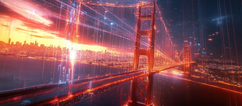 Futuristic cityscape with illuminated bridge at sunset.